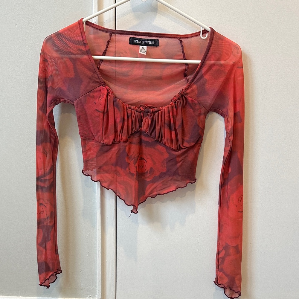 Urban Outfitters Red Sheer Floral Crop Top